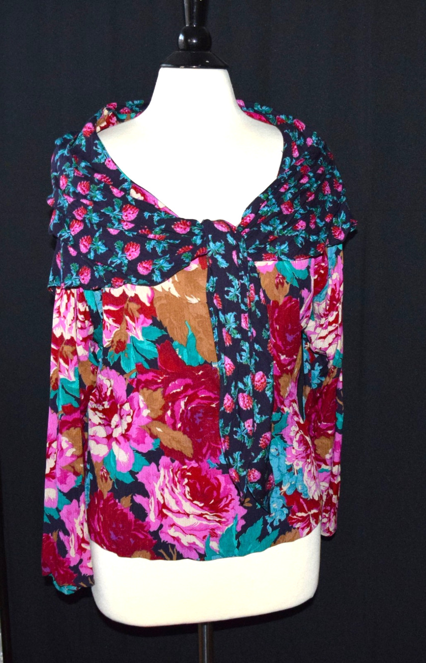 Vtg 80s Carole Little For Saint Tropez West Rayon Floral Blouse Womens Size 8